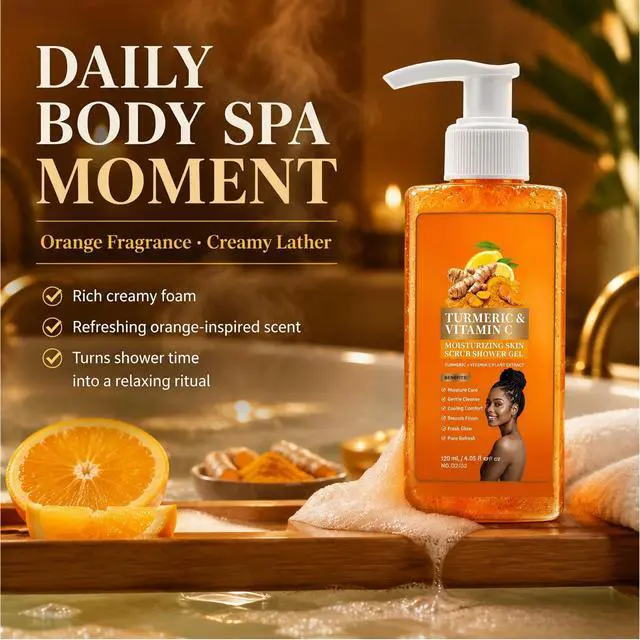 Alt view image 5 of 7 - Turmeric Vitamin C Orange Exfoliating Shower Gel with Cocoa Seed Scrub Particles, Mattifying Skin Brightening Body Wash to Fix Uneven Skin Texture, Gentle Daily Body Only Cleanser (1PC)