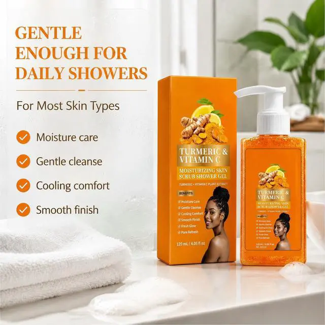 Alt view image 6 of 7 - Turmeric Vitamin C Orange Exfoliating Shower Gel with Cocoa Seed Scrub Particles, Mattifying Skin Brightening Body Wash to Fix Uneven Skin Texture, Gentle Daily Body Only Cleanser (1PC)