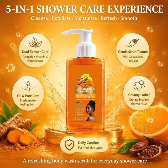 Alt view image 7 of 7 - Turmeric Vitamin C Orange Exfoliating Shower Gel with Cocoa Seed Scrub Particles, Mattifying Skin Brightening Body Wash to Fix Uneven Skin Texture, Gentle Daily Body Only Cleanser (1PC)