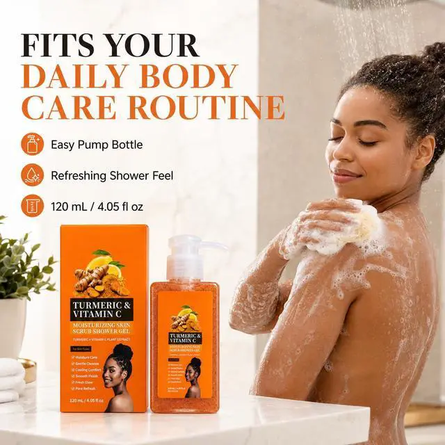 Alt view image 2 of 7 - Turmeric Orange Vitamin C Body Wash with Cocoa Seed Exfoliant,Turmeric Scrub Shower Gel Mattifying Scrub for Uneven Skin Texture Cleansing & Moisturizing Skincare, for All Skin Types (1, 4.05 fl oz)