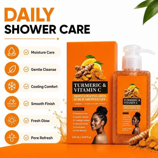 Alt view image 3 of 7 - Turmeric Orange Vitamin C Body Wash with Cocoa Seed Exfoliant,Turmeric Scrub Shower Gel Mattifying Scrub for Uneven Skin Texture Cleansing & Moisturizing Skincare, for All Skin Types (1, 4.05 fl oz)