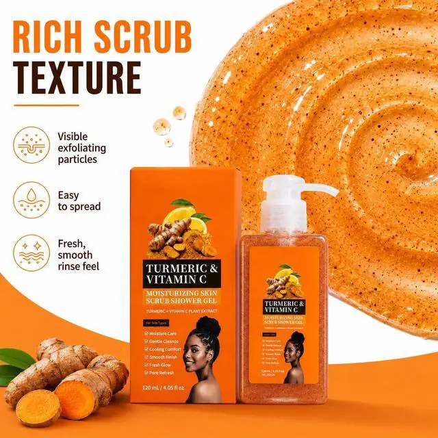 Alt view image 4 of 7 - Turmeric Orange Vitamin C Body Wash with Cocoa Seed Exfoliant,Turmeric Scrub Shower Gel Mattifying Scrub for Uneven Skin Texture Cleansing & Moisturizing Skincare, for All Skin Types (1, 4.05 fl oz)