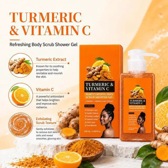 Alt view image 5 of 7 - Turmeric Orange Vitamin C Body Wash with Cocoa Seed Exfoliant,Turmeric Scrub Shower Gel Mattifying Scrub for Uneven Skin Texture Cleansing & Moisturizing Skincare, for All Skin Types (1, 4.05 fl oz)