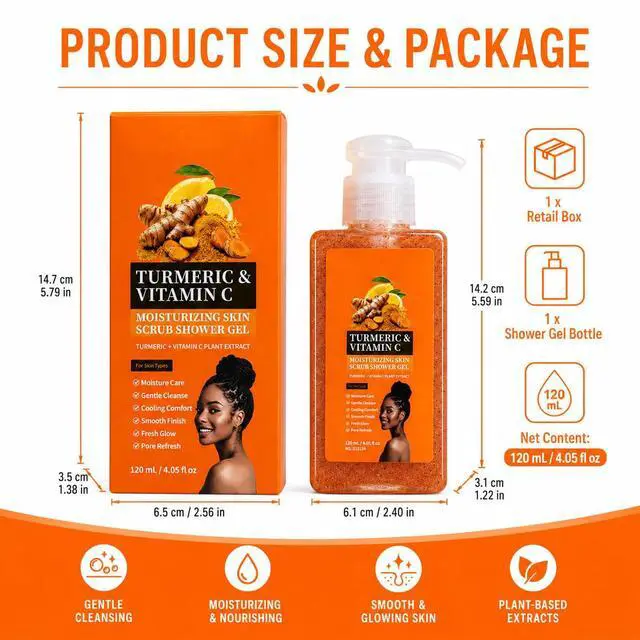 Alt view image 7 of 7 - Turmeric Orange Vitamin C Body Wash with Cocoa Seed Exfoliant,Turmeric Scrub Shower Gel Mattifying Scrub for Uneven Skin Texture Cleansing & Moisturizing Skincare, for All Skin Types (1, 4.05 fl oz)