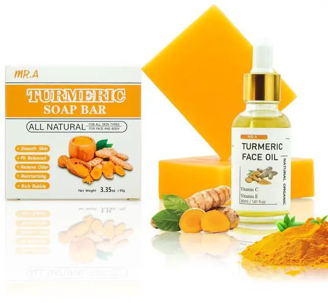 Main image of 2Pcs Turmeric Soap Bar and Turmeric Oil Set for Face & Body, Nautral Ingredients with Vitamin C to Cleanses, Soothing, Hydrating Skin, Turmeric Skin Care Set for All Skin Type