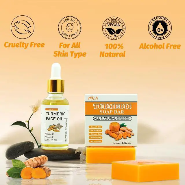 Alt view image 6 of 7 - 2Pcs Turmeric Soap Bar and Turmeric Oil Set for Face & Body, Nautral Ingredients with Vitamin C to Cleanses, Soothing, Hydrating Skin, Turmeric Skin Care Set for All Skin Type