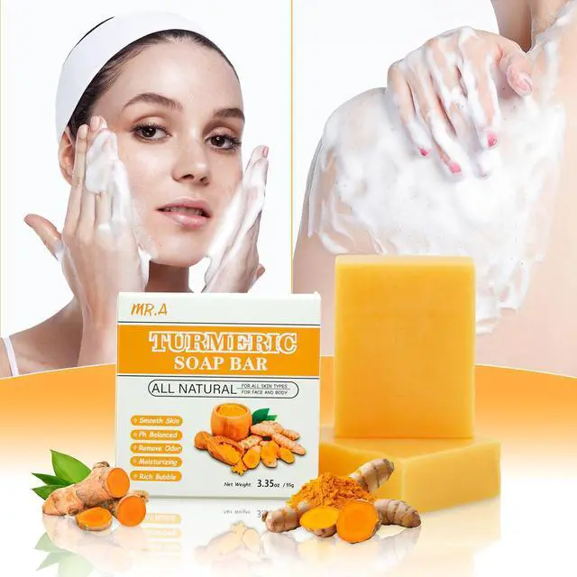 Alt view image 3 of 7 - 2Pcs Turmeric Soap Bar and Turmeric Oil Set for Face & Body, Nautral Ingredients with Vitamin C to Cleanses, Soothing, Hydrating Skin, Turmeric Skin Care Set for All Skin Type
