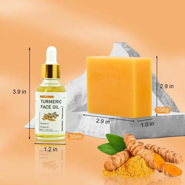 Alt view image 7 of 7 - 2Pcs Turmeric Soap Bar and Turmeric Oil Set for Face & Body, Nautral Ingredients with Vitamin C to Cleanses, Soothing, Hydrating Skin, Turmeric Skin Care Set for All Skin Type