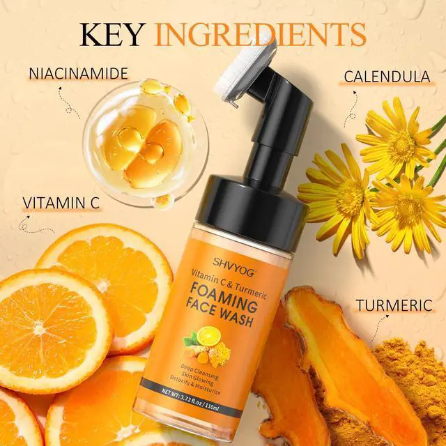 Alt view image 2 of 7 - Vitamin C Turmeric Face Wash, Turmeric Foaming Facial Cleanser for Dark Spot, Uneven Skin Tone, Skin Cleansing, Moisturizing, Exfoliating Facial Cleanser with Brush,Unisex