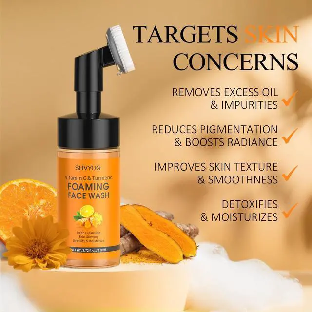 Alt view image 3 of 7 - Vitamin C Turmeric Face Wash, Turmeric Foaming Facial Cleanser for Dark Spot, Uneven Skin Tone, Skin Cleansing, Moisturizing, Exfoliating Facial Cleanser with Brush,Unisex