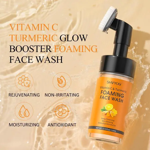 Alt view image 5 of 7 - Vitamin C Turmeric Face Wash, Turmeric Foaming Facial Cleanser for Dark Spot, Uneven Skin Tone, Skin Cleansing, Moisturizing, Exfoliating Facial Cleanser with Brush,Unisex