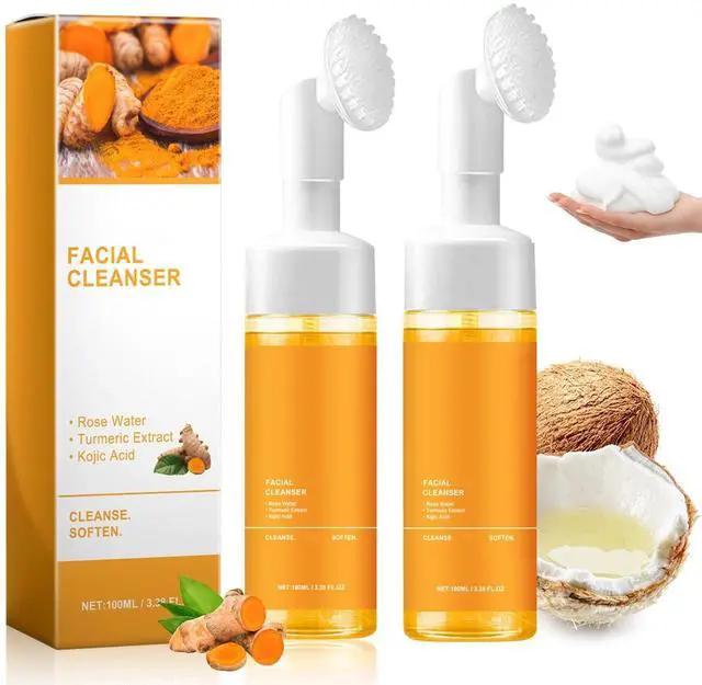Main image of 2 Pcs Turmeric Foaming Face Wash, Deep Cleansing Exfoliating Glow Wash Turmeric Brightening Facial Cleanser with Brush for All Skin.