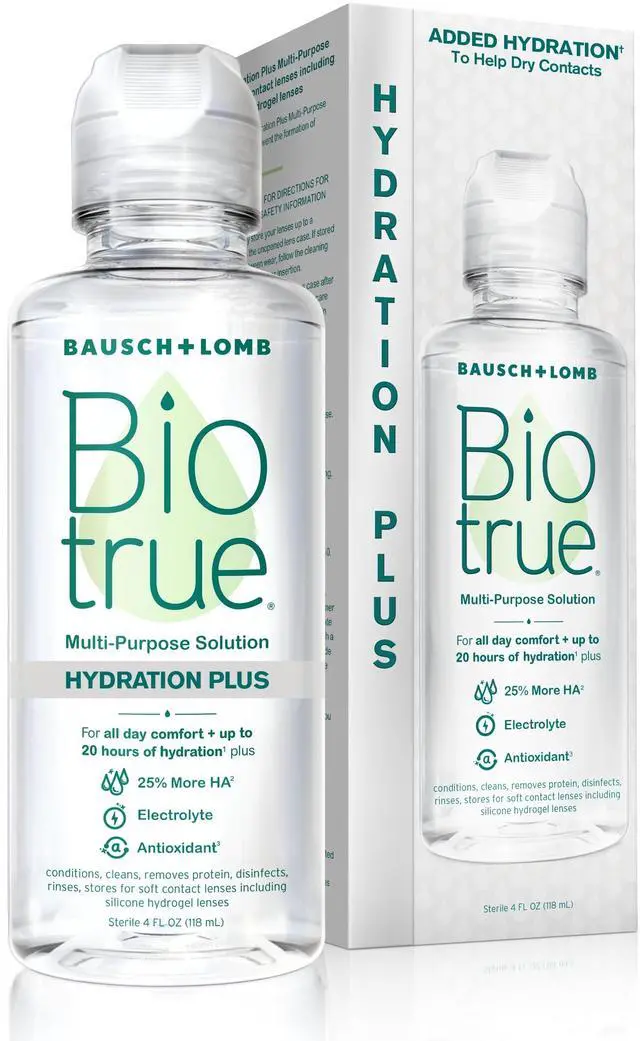 Main image of Hydration Plus Contact Lens Solution, Multi-Purpose for Soft Lenses, Hydrates with Hyaluronan, Cleans, Clears, and Disinfects for All-Day Comfort, 4 Fl Oz (Pack of 1)