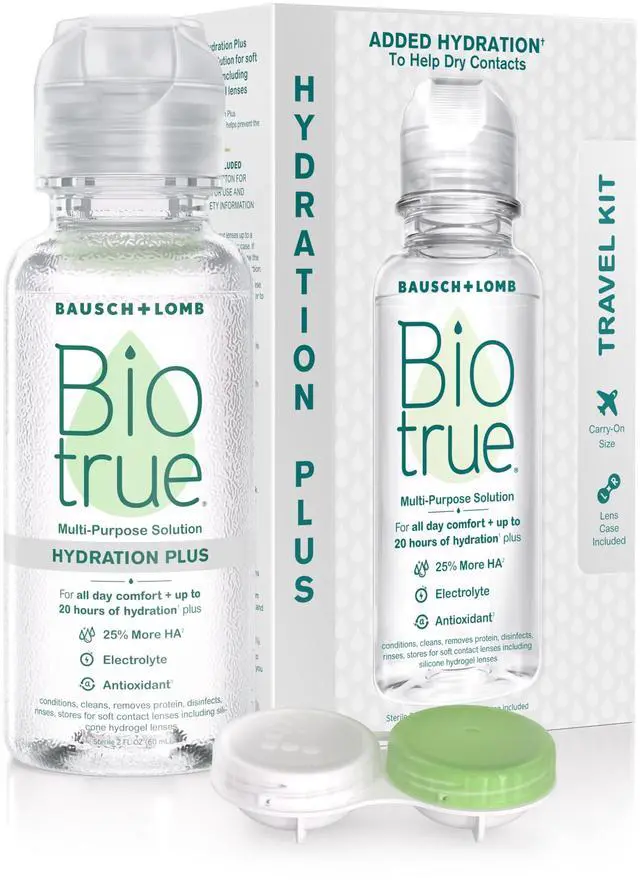 Main image of Hydration Plus Contact Lens Solution with Lens Case, Multi-Purpose Solution for Soft Lenses, Hydrates with Hyaluronan, Cleans, Clears, and Disinfects for All-Day Comfort, 2 Fl Oz (Pack of 2)
