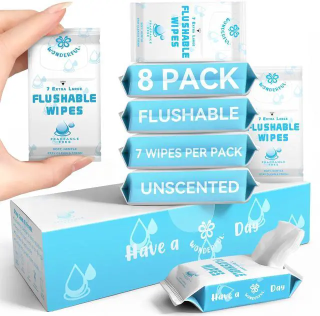 Main image of Travel Flushable Wipes, 8 Mini Packs, Unscented Plant-Based Wet Wipes for Adults & Kids, Septic Safe, Gentle for Sensitive Skin & Hypoallergenic (Total 56 Wipes)