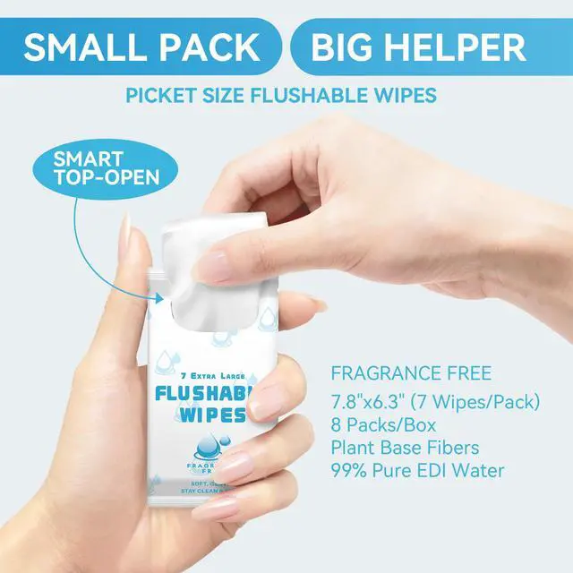 Alt view image 2 of 7 - Travel Flushable Wipes, 8 Mini Packs, Unscented Plant-Based Wet Wipes for Adults & Kids, Septic Safe, Gentle for Sensitive Skin & Hypoallergenic (Total 56 Wipes)