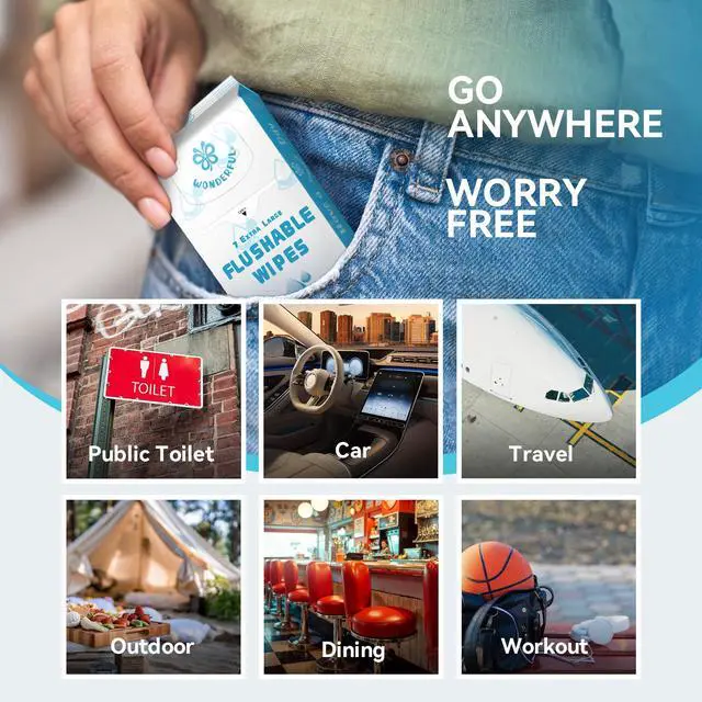 Alt view image 3 of 7 - Travel Flushable Wipes, 8 Mini Packs, Unscented Plant-Based Wet Wipes for Adults & Kids, Septic Safe, Gentle for Sensitive Skin & Hypoallergenic (Total 56 Wipes)