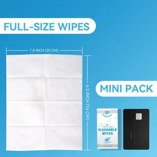 Alt view image 5 of 7 - Travel Flushable Wipes, 8 Mini Packs, Unscented Plant-Based Wet Wipes for Adults & Kids, Septic Safe, Gentle for Sensitive Skin & Hypoallergenic (Total 56 Wipes)