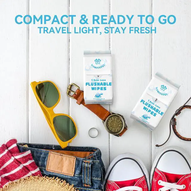 Alt view image 7 of 7 - Travel Flushable Wipes, 8 Mini Packs, Unscented Plant-Based Wet Wipes for Adults & Kids, Septic Safe, Gentle for Sensitive Skin & Hypoallergenic (Total 56 Wipes)