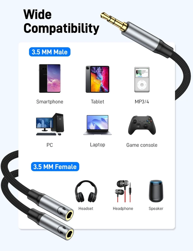 Alt view image 5 of 7 - 3.5mm Headphone Splitter, Dual 3.5mm Female Headphone Jack Audio Stereo, Extension Cable Audio Y Splitter for PS4, PS5, Xbox, Switch, PC Gaming Headsets, Phone
