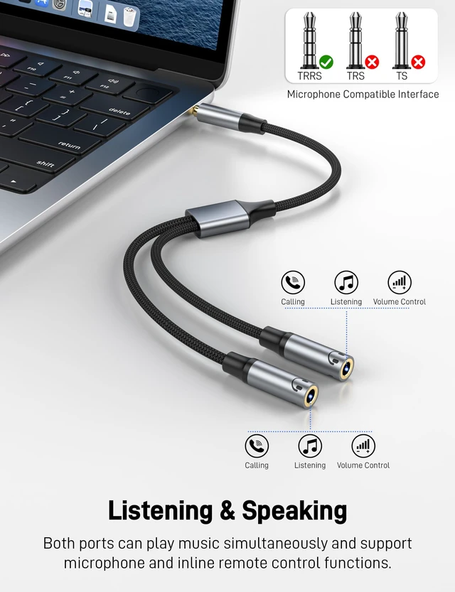 Alt view image 4 of 7 - 3.5mm Headphone Splitter, Nylon Braided Dual 3.5mm Female Headphone Jack Audio Stereo, 4 Pole Male to 2 Female Aux Cable for PS4, Switch and More