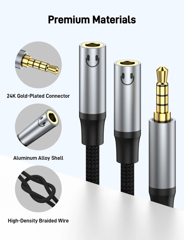 Alt view image 6 of 7 - 3.5mm Headphone Splitter, Nylon Braided Dual 3.5mm Female Headphone Jack Audio Stereo, 4 Pole Male to 2 Female Aux Cable for PS4, Switch and More
