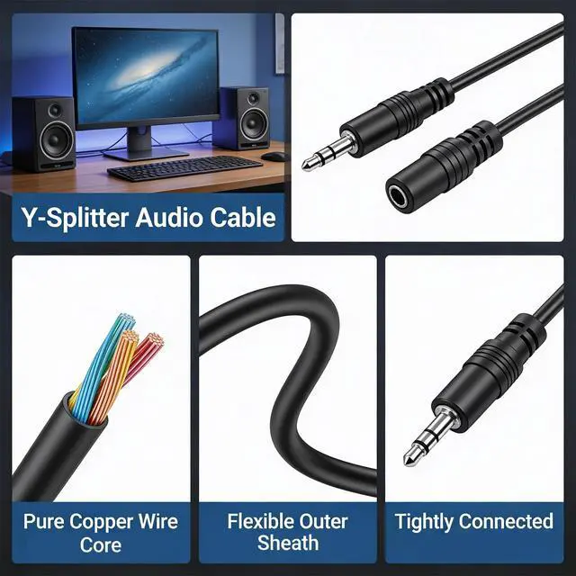 Alt view image 4 of 7 - 3.5mm Headset Splitter Stereo Female to 2-Male Y-Splitter Audio Cable 2m, 3.5mm Cable, 1/8" Headphone Jack Splitter for Speaker, Pc, Laptop, Aluminum Connector
