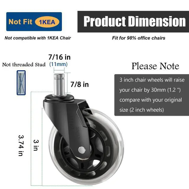 Alt view image 3 of 7 - Office Chair Caster Wheels Replacement 3 Inch Roller Blade, Set of 5