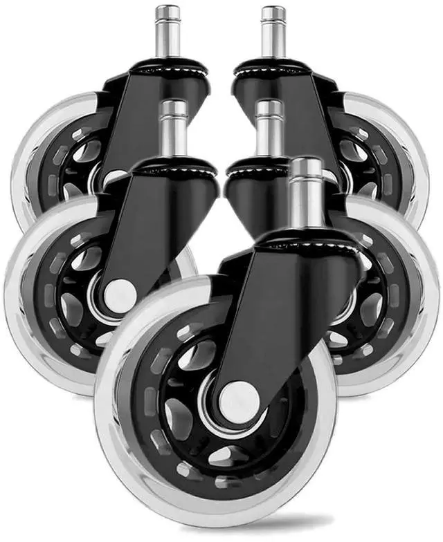 Main image of Office Chair Wheels 3 inches Heavy Duty Soft PU Rubber Safe for Hardwood Carpet Tile Floors (Set of 5) Generally Applicable to Office Wheels, Replace Chair mats - Universal fit (Black & Clear 3inch)