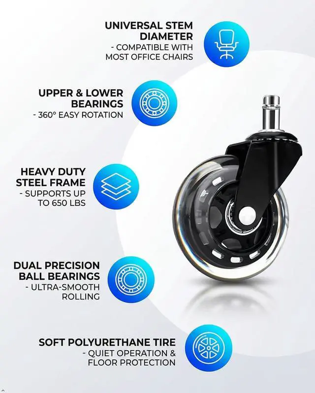 Alt view image 2 of 7 - Office Chair Wheels 3 inches Heavy Duty Soft PU Rubber Safe for Hardwood Carpet Tile Floors (Set of 5) Generally Applicable to Office Wheels, Replace Chair mats - Universal fit (Black & Clear 3inch)