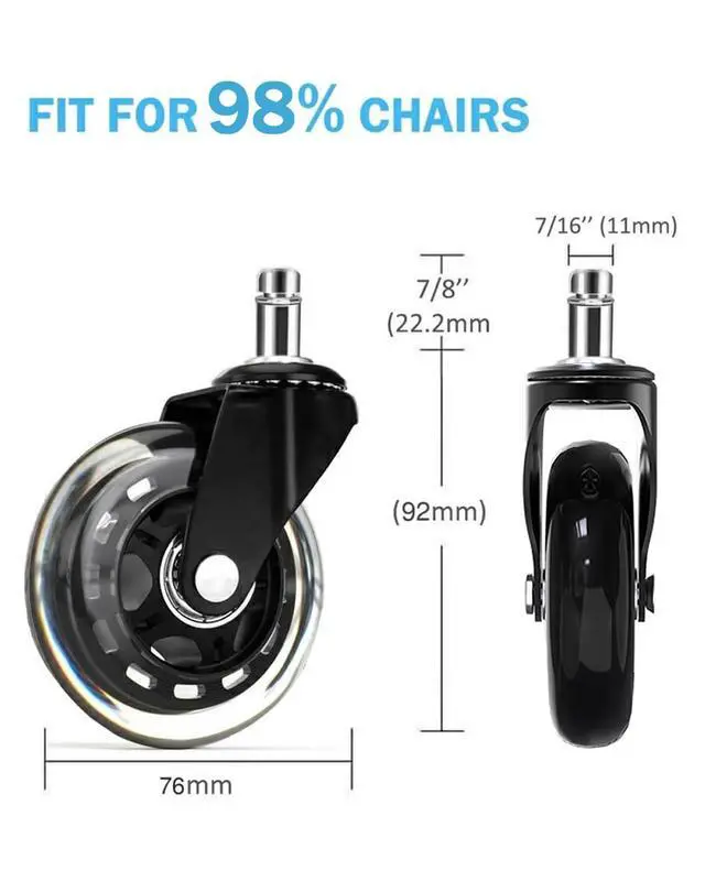 Alt view image 6 of 7 - Office Chair Wheels 3 inches Heavy Duty Soft PU Rubber Safe for Hardwood Carpet Tile Floors (Set of 5) Generally Applicable to Office Wheels, Replace Chair mats - Universal fit (Black & Clear 3inch)