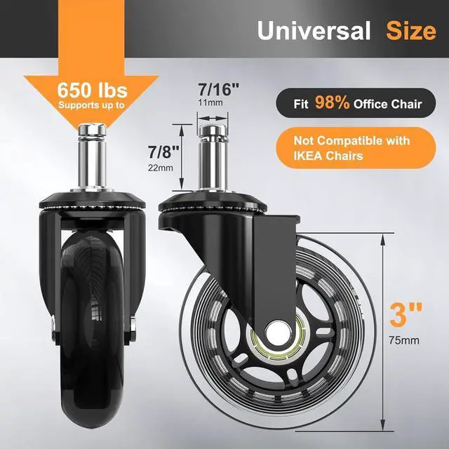 Alt view image 2 of 7 - Office Chair Wheels Replacement Rubber Chair Casters for Hardwood Floors and Carpet, Set of 5, Heavy Duty Casters for Chairs to Replace Office Chair Mats (Black & Clear, Stem 11 * 22)