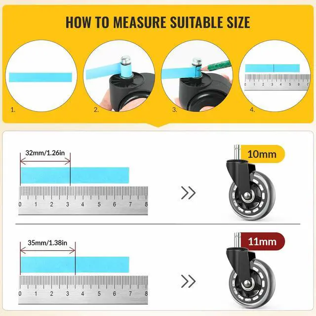 Alt view image 3 of 7 - Office Chair Wheels Replacement Rubber Chair Casters for Hardwood Floors and Carpet, Set of 5, Heavy Duty Casters for Chairs to Replace Office Chair Mats (Black & Clear, Stem 11 * 22)