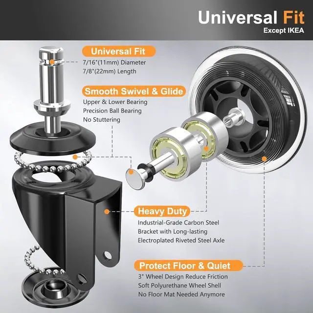 Alt view image 4 of 7 - Office Chair Wheels Replacement Rubber Chair Casters for Hardwood Floors and Carpet, Set of 5, Heavy Duty Casters for Chairs to Replace Office Chair Mats (Black & Clear, Stem 11 * 22)