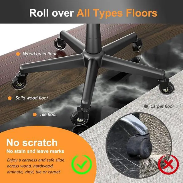Alt view image 6 of 7 - Office Chair Wheels Replacement Rubber Chair Casters for Hardwood Floors and Carpet, Set of 5, Heavy Duty Casters for Chairs to Replace Office Chair Mats (Black & Clear, Stem 11 * 22)