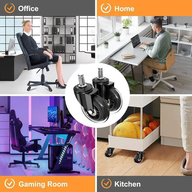 Alt view image 7 of 7 - Office Chair Wheels Replacement Rubber Chair Casters for Hardwood Floors and Carpet, Set of 5, Heavy Duty Casters for Chairs to Replace Office Chair Mats (Black & Clear, Stem 11 * 22)