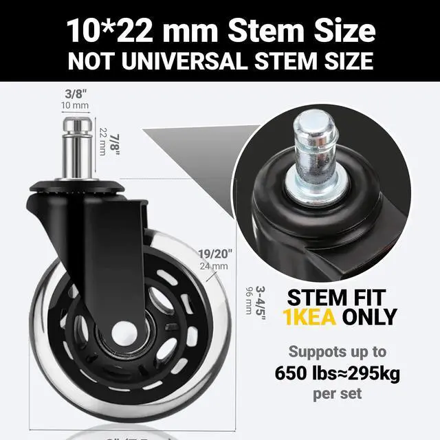 Alt view image 2 of 7 - 3" Office Chair Caster Wheels with 10mm Stem 1KEA ONLY, Heavy-Duty Rubber Chair Casters Replacement Set of 5, Desk Chair Wheels, Quiet & Smooth Rolling for All Floors (Hardwood, Carpet)