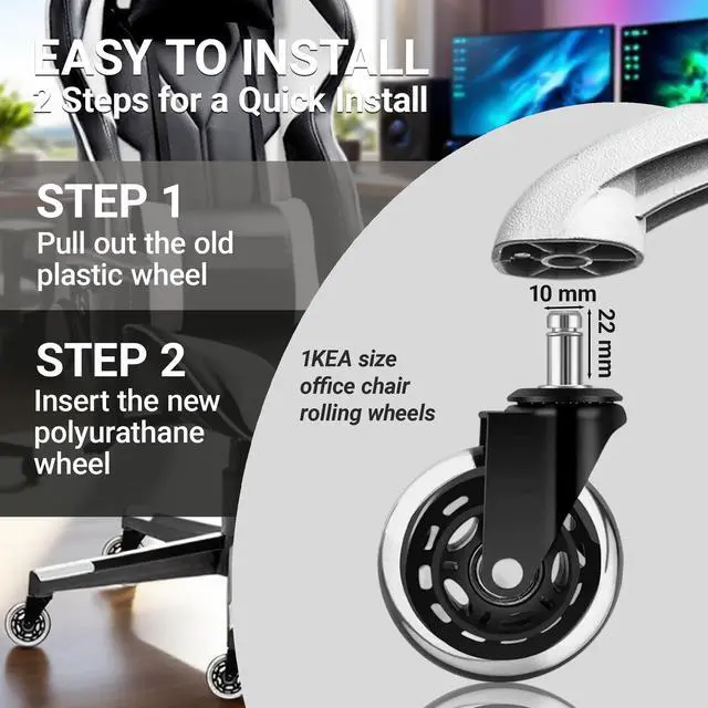 Alt view image 3 of 7 - 3" Office Chair Caster Wheels with 10mm Stem 1KEA ONLY, Heavy-Duty Rubber Chair Casters Replacement Set of 5, Desk Chair Wheels, Quiet & Smooth Rolling for All Floors (Hardwood, Carpet)