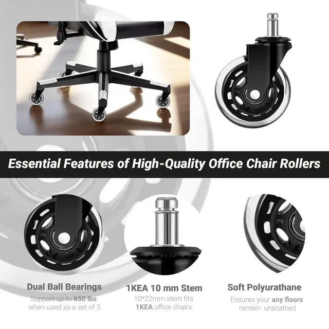 Alt view image 5 of 7 - 3" Office Chair Caster Wheels with 10mm Stem 1KEA ONLY, Heavy-Duty Rubber Chair Casters Replacement Set of 5, Desk Chair Wheels, Quiet & Smooth Rolling for All Floors (Hardwood, Carpet)