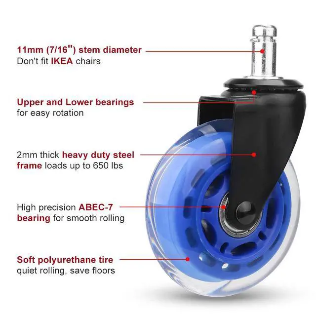 Alt view image 2 of 7 - Office Chair Caster Replacement Wheel for Hardwood Floor and Carpet, Heavy Duty Universal Floor Safe Caster Set of 5,Rubber Wheels Office Chair to Replace Office Chair mats,fits 98% Chairs