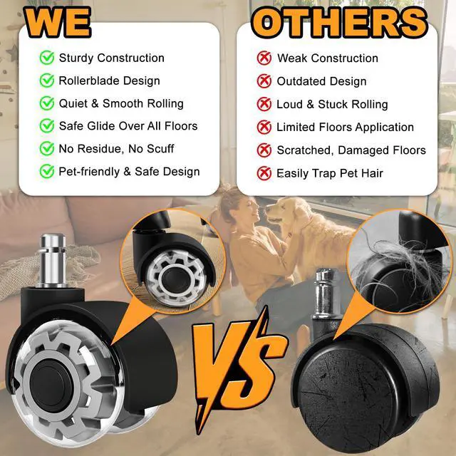 Alt view image 2 of 7 - Office Chair Wheels, 2 Inch Smooth & Quiet Rolling Casters Replacement, Computer Gaming Chair Casters for All Hardwood Floors & Carpet, Smooth Safe Rubber Wheels-Set of 5, Grey