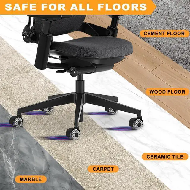 Alt view image 3 of 7 - Office Chair Wheels, 2 Inch Smooth & Quiet Rolling Casters Replacement, Computer Gaming Chair Casters for All Hardwood Floors & Carpet, Smooth Safe Rubber Wheels-Set of 5, Grey