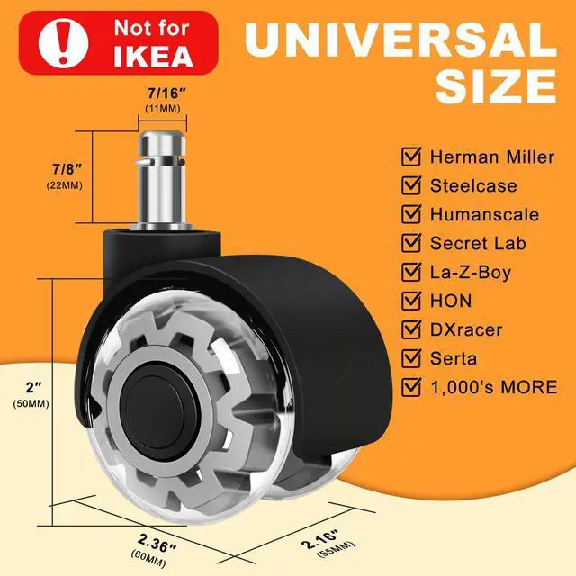 Alt view image 4 of 7 - Office Chair Wheels, 2 Inch Smooth & Quiet Rolling Casters Replacement, Computer Gaming Chair Casters for All Hardwood Floors & Carpet, Smooth Safe Rubber Wheels-Set of 5, Grey