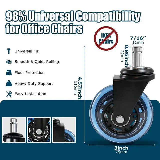 Alt view image 2 of 7 - Office Chair Wheels 3 Inch, Set of 5, 880LBS Heavy Duty Casters, Blue