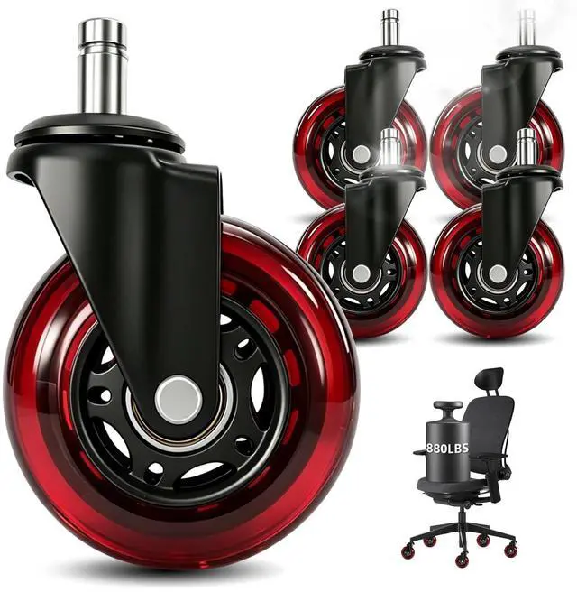 Main image of Office Chair Wheels 3 Inch, Set of 5, 880LBS Heavy Duty Casters, Red