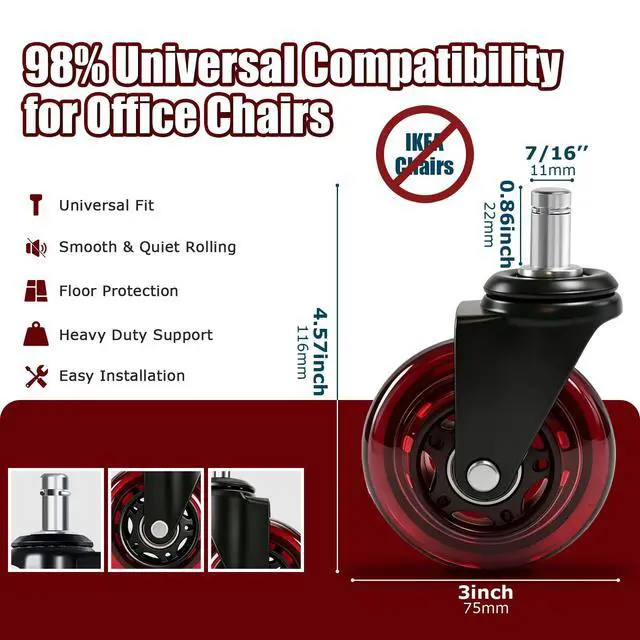 Alt view image 2 of 7 - Office Chair Wheels 3 Inch, Set of 5, 880LBS Heavy Duty Casters, Red