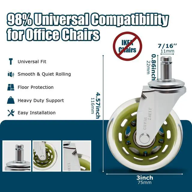 Alt view image 3 of 7 - Office Chair Wheels 3 Inch, Set of 5, 880LBS Heavy Duty Casters, Green