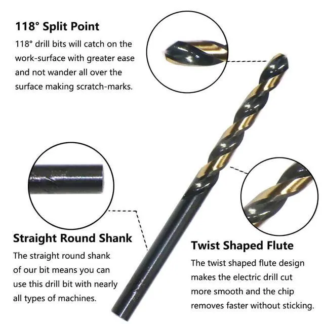 Alt view image 3 of 7 - 60PCS Micro Drill Bits Set, HSS Black Gold Mini Drill Bit for Mild Steel, Copper, Aluminum, Zinc Alloy, Wood, and Plastic, 3/64", 1/16", 5/64", 3/32", 7/64", 1/8"