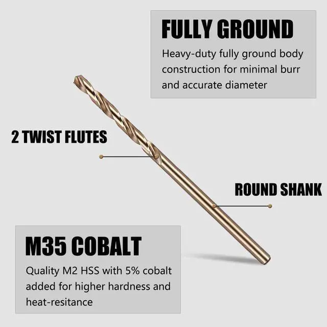 Alt view image 3 of 7 - 40-Pc M35 Cobalt Twist Drill Bit Set 3/64 to 3/32 for Hard Metal