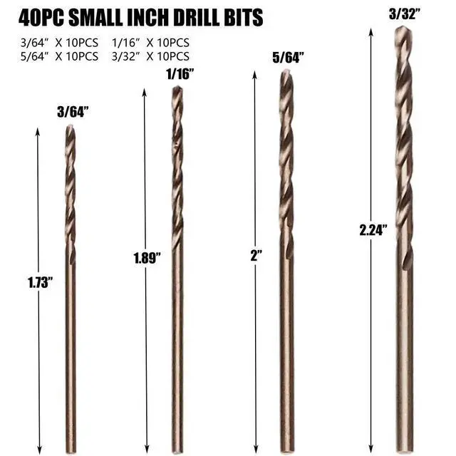 Alt view image 4 of 7 - 40-Pc M35 Cobalt Twist Drill Bit Set 3/64 to 3/32 for Hard Metal